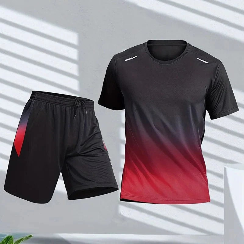 Street-Wave Mens Gradient Sportswear Set With Short Sleeve Top And Matching Shorts For Training