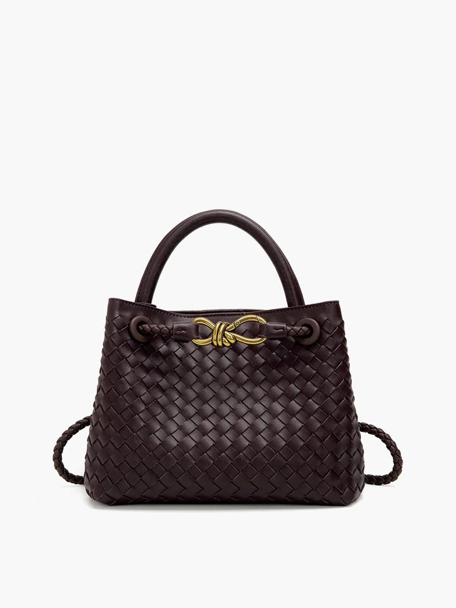 Street-Wave Woven Handbag - Structured Black Tote With Dual Carry Straps And Gold Knot Accent