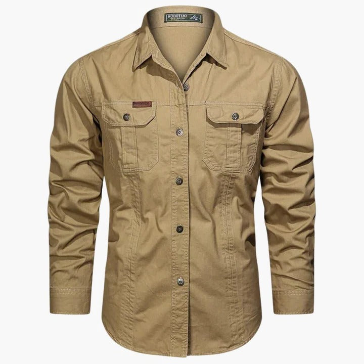 Street-Wave Men's Long Sleeve Cargo Shirt With Front Chest Pockets For Everyday Wear Khaki