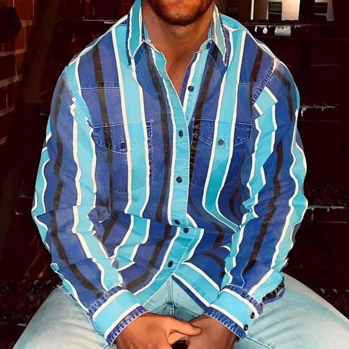 Street-Wave Mens Retro Color Block Stripe Shirt Loose Fit Long Sleeve Casual Everyday Top