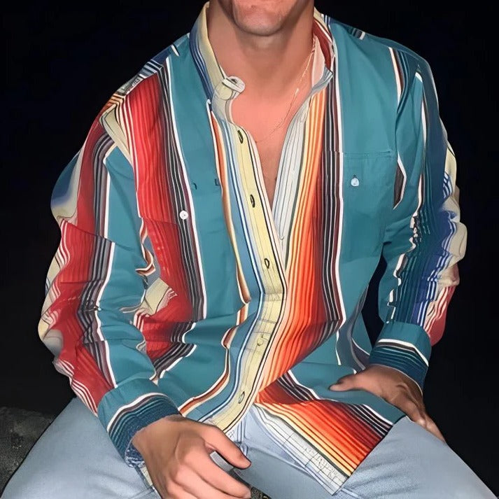 Street-Wave Mens Retro Color Block Stripe Shirt Loose Fit Long Sleeve Casual Everyday Top