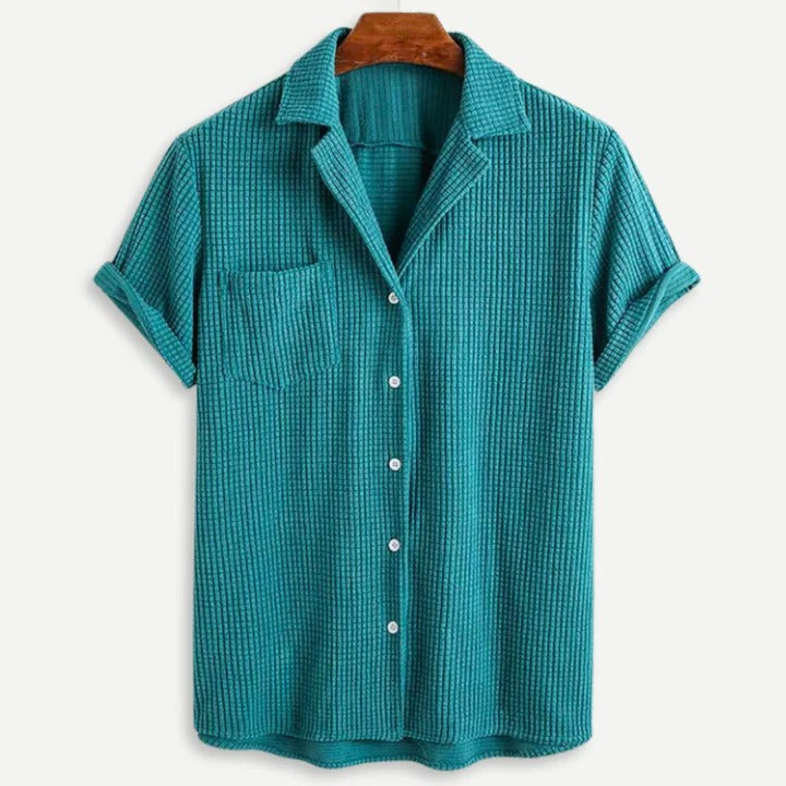 Street-Wave Relaxed Waffle Knit Shirt For Men Lightweight Short Sleeve Button Front In Green