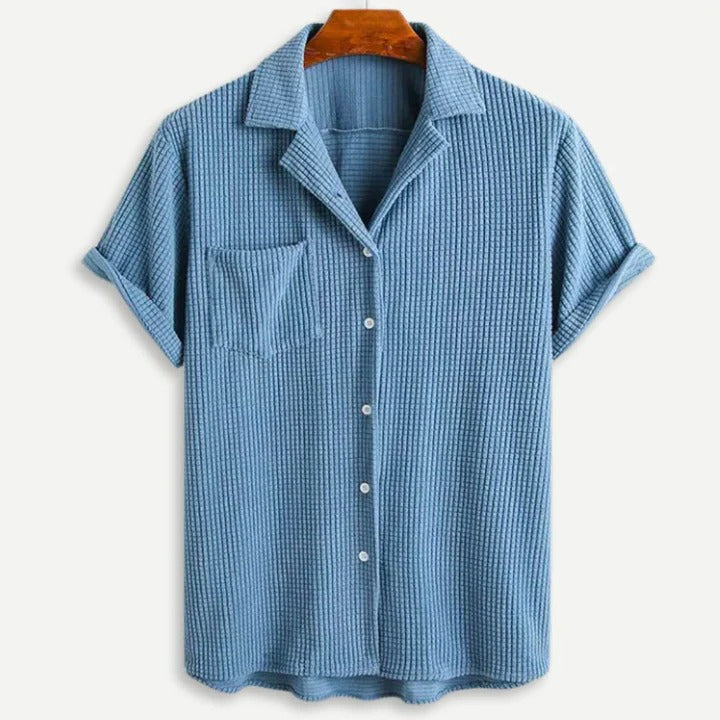 Street-Wave Relaxed Waffle Knit Shirt For Men Lightweight Short Sleeve Button Front In Green