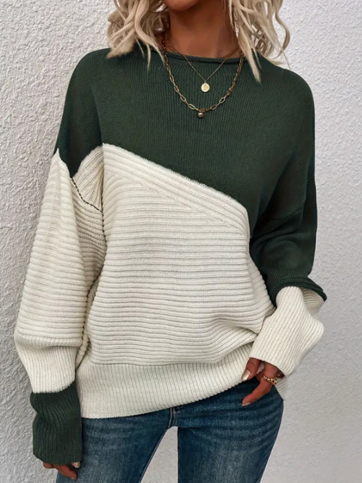 Street-Wave Women Two-Tone Knit Sweater Colorblock Pullover With Soft Warmth and Autumn Cozy Chic