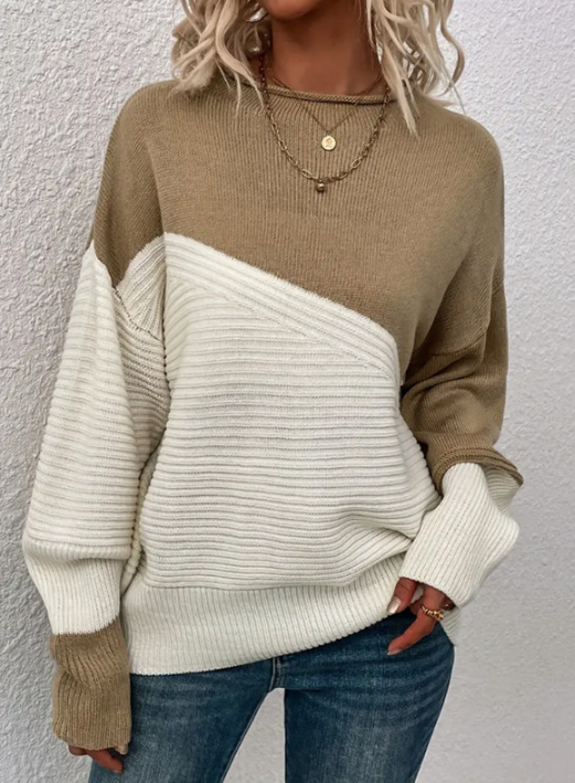 Street-Wave Women Two-Tone Knit Sweater Colorblock Pullover With Soft Warmth and Autumn Cozy Chic