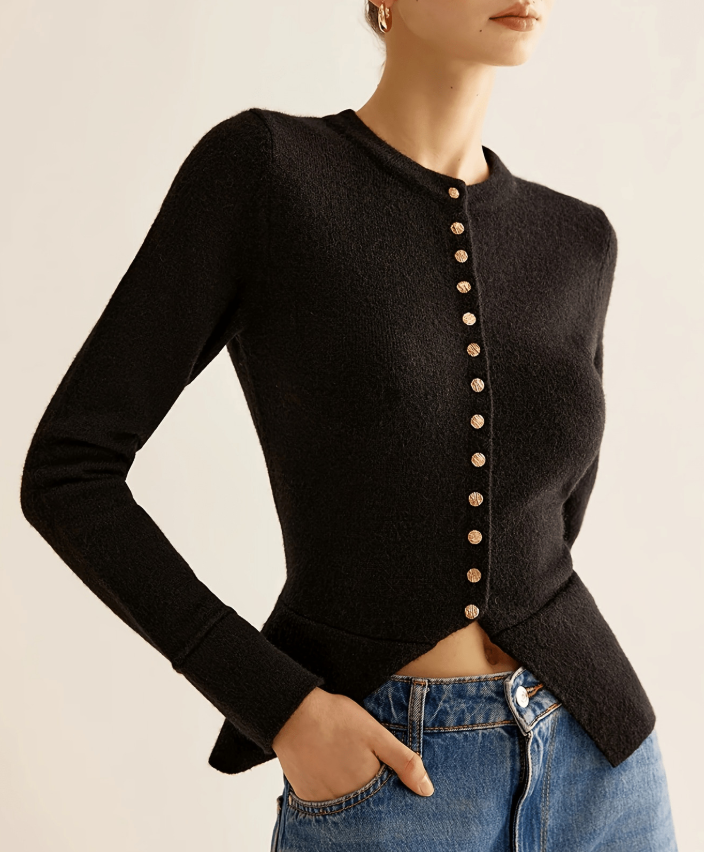 Street-wave Black Cardigan For Women With Button Front Slim Fit Knit For Everyday Chic