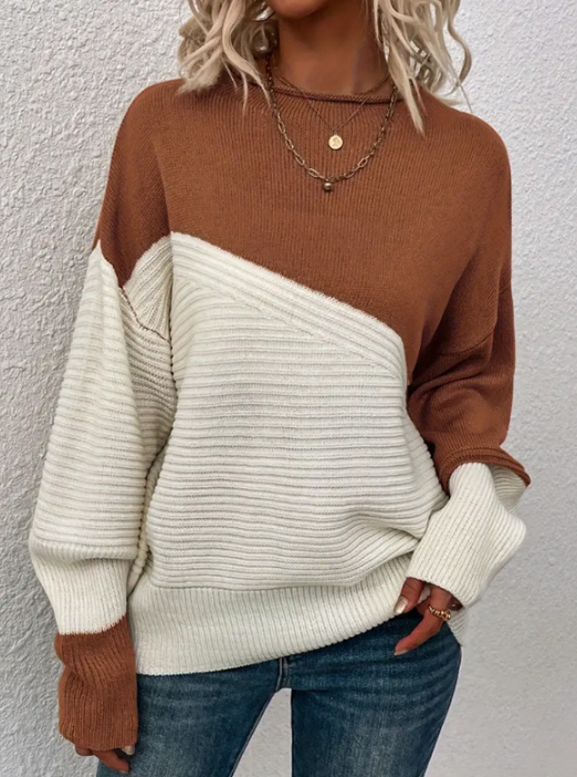 Street-Wave Women Two-Tone Knit Sweater Colorblock Pullover With Soft Warmth and Autumn Cozy Chic