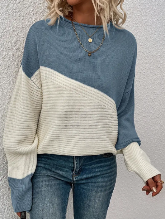 Street-Wave Women Two-Tone Knit Sweater Colorblock Pullover With Soft Warmth and Autumn Cozy Chic