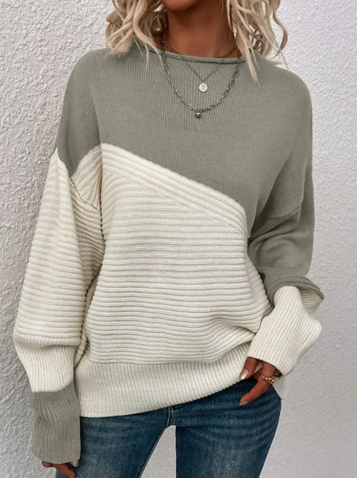 Street-Wave Women Two-Tone Knit Sweater Colorblock Pullover With Soft Warmth and Autumn Cozy Chic