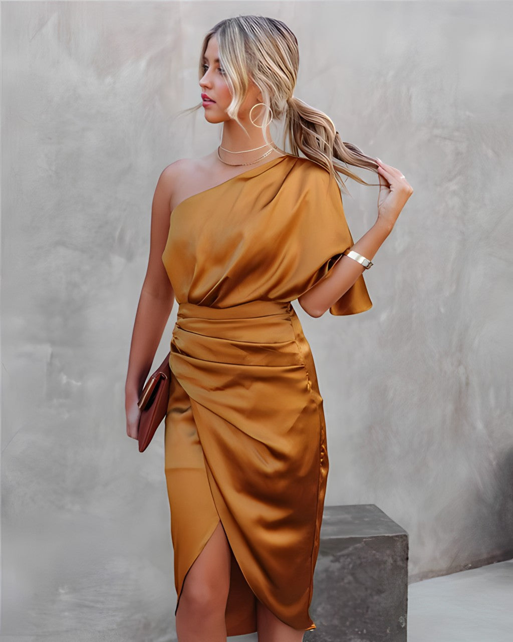 Street-Wave One-Shoulder Wrap Satin Midi Dress For Women