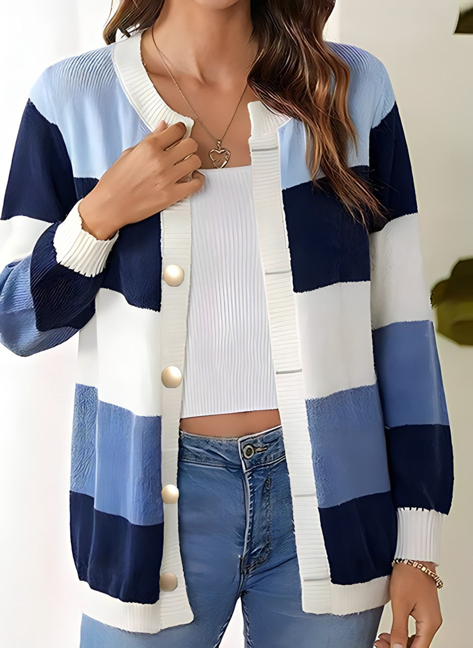 Street-Wave Color Block Striped Knit Cardigan With Pearl Buttons Effortless Casual For Women