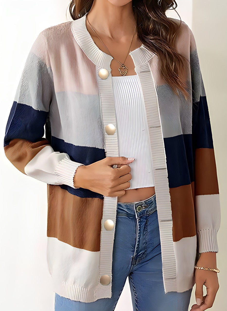 Street-Wave Color Block Striped Knit Cardigan With Pearl Buttons Effortless Casual For Women