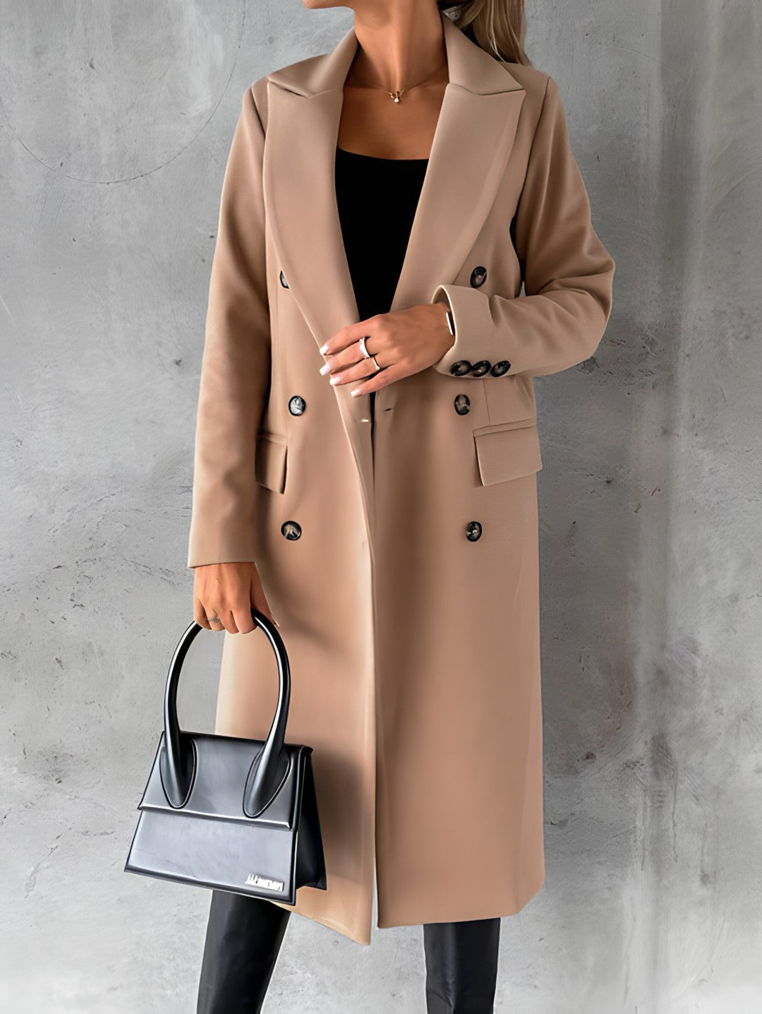 Street-Wave Wool Blend Long Coat For Women With Double Breasted Front And Revers Lapel