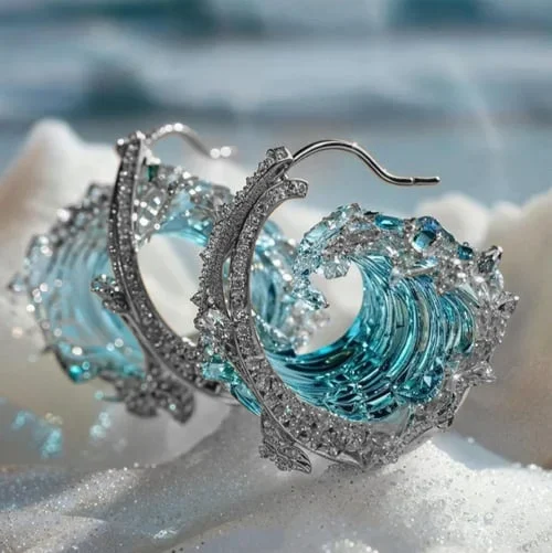 Street-Wave Wave Hoop Earrings For Women Blue Resin Center