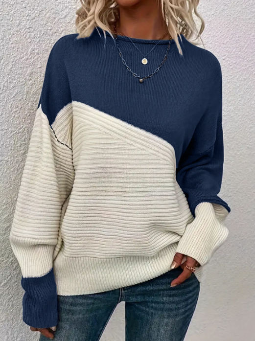 Street-Wave Women Two-Tone Knit Sweater Colorblock Pullover With Soft Warmth and Autumn Cozy Chic