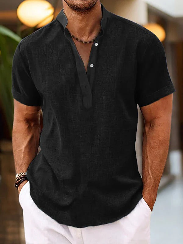 Street-Wave Mens Short Sleeve Shirt With Placket Mandarin Collar For Casual Everyday Wear
