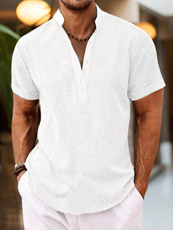Street-Wave Mens Short Sleeve Shirt With Placket Mandarin Collar For Casual Everyday Wear