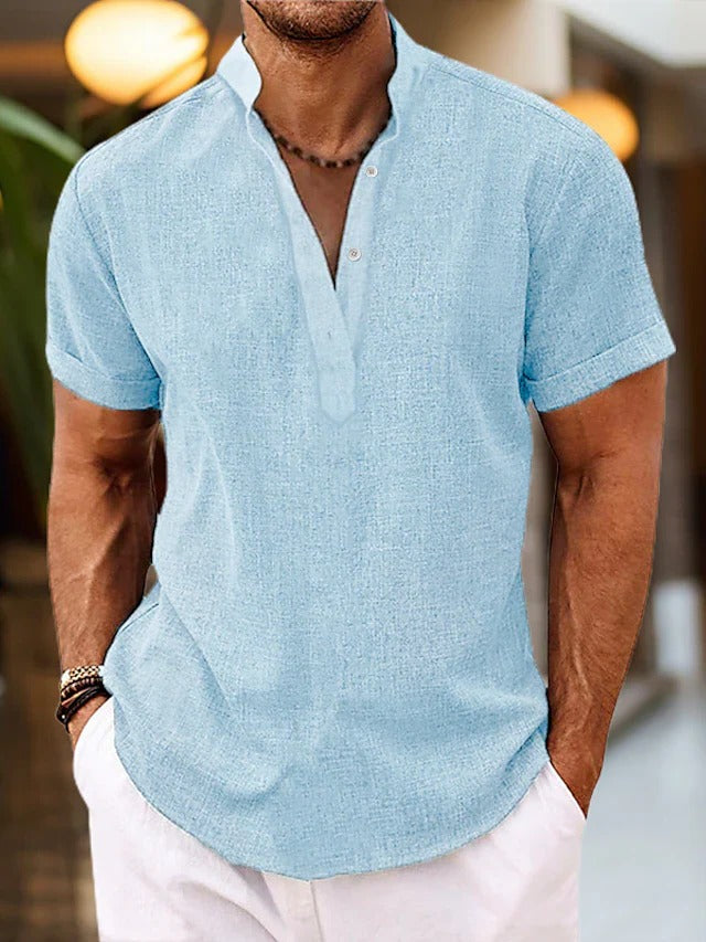 Street-Wave Mens Short Sleeve Shirt With Placket Mandarin Collar For Casual Everyday Wear