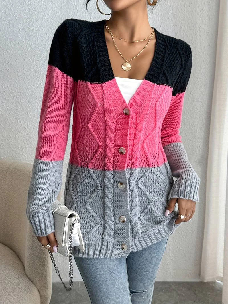 Street-wave Color Block Knit Cardigan With Button Closure For Women Cozy Bold Style