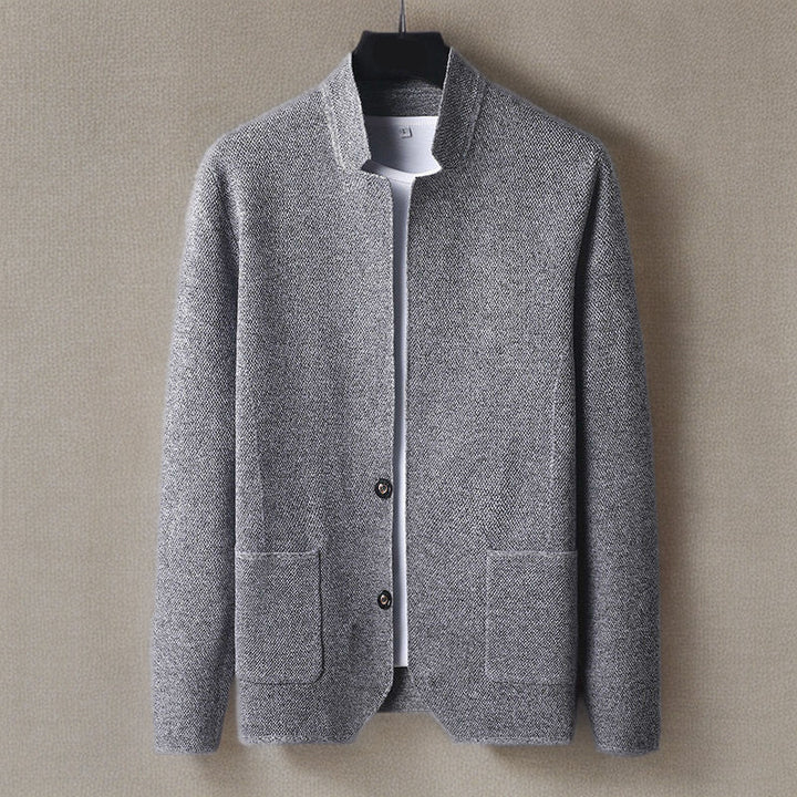 Street-Wave Men's Cashmere Knit Cardigan With Stand Collar Deep Pockets Slim Silhouette