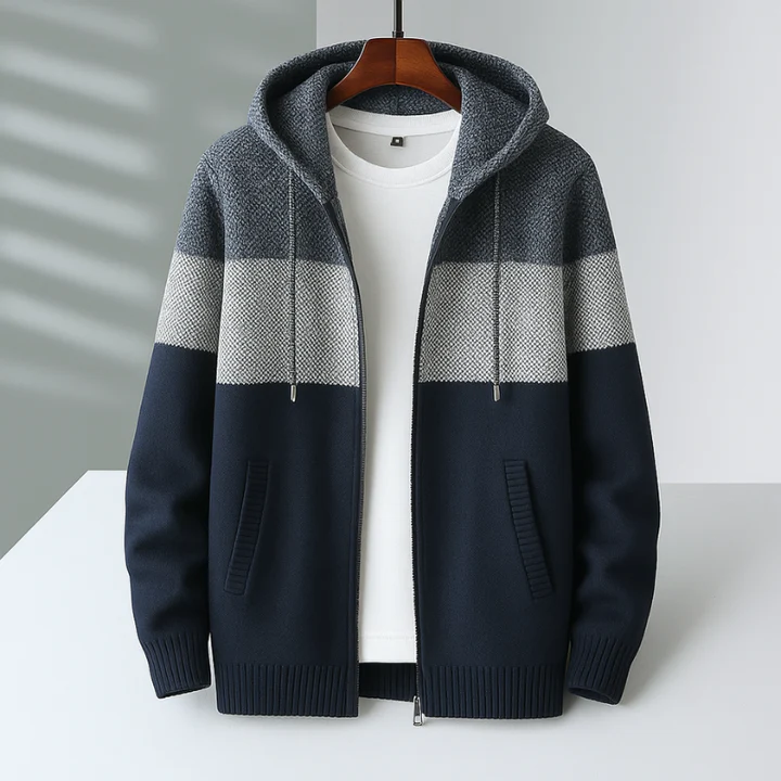 Noirson Knit Zip Hoodie For Men Color Block Fleece Lined Warm Layering Hooded Sweatshirt Street-Wave