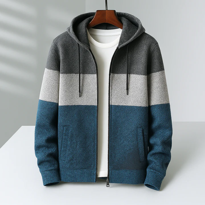 Noirson Knit Zip Hoodie For Men Color Block Fleece Lined Warm Layering Hooded Sweatshirt Street-Wave