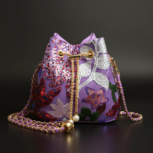 Street-Wave Carmelle Sequin Bag - Hand Embellished Cascading Sequins With Metallic Drawstring For Dazzling Night Out