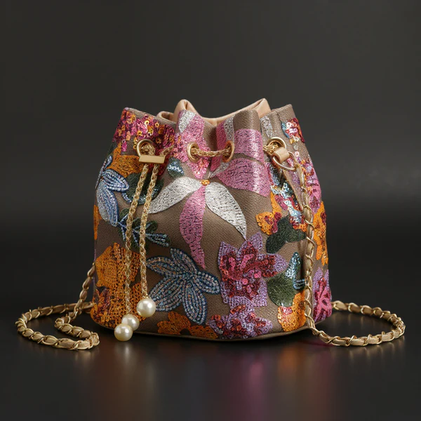 Street-Wave Carmelle Sequin Bag - Hand Embellished Cascading Sequins With Metallic Drawstring For Dazzling Night Out