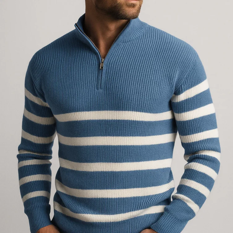 Street-Wave Carlier Striped Zip Sweater For Men Black Knit With White Horizontal Stripes And Half Zip Collar