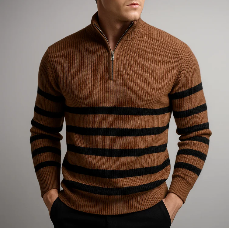 Street-Wave Carlier Striped Zip Sweater For Men Black Knit With White Horizontal Stripes And Half Zip Collar