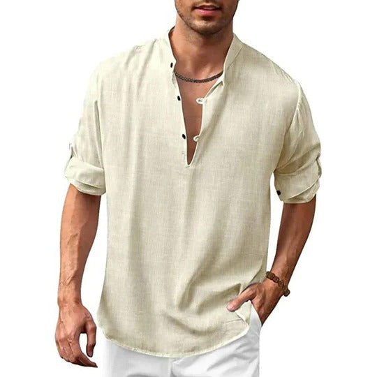 Street-Wave Mens Long Sleeve Collared Shirt Versatile Linen Look For Casual To Formal Wear Wardrobe Essential