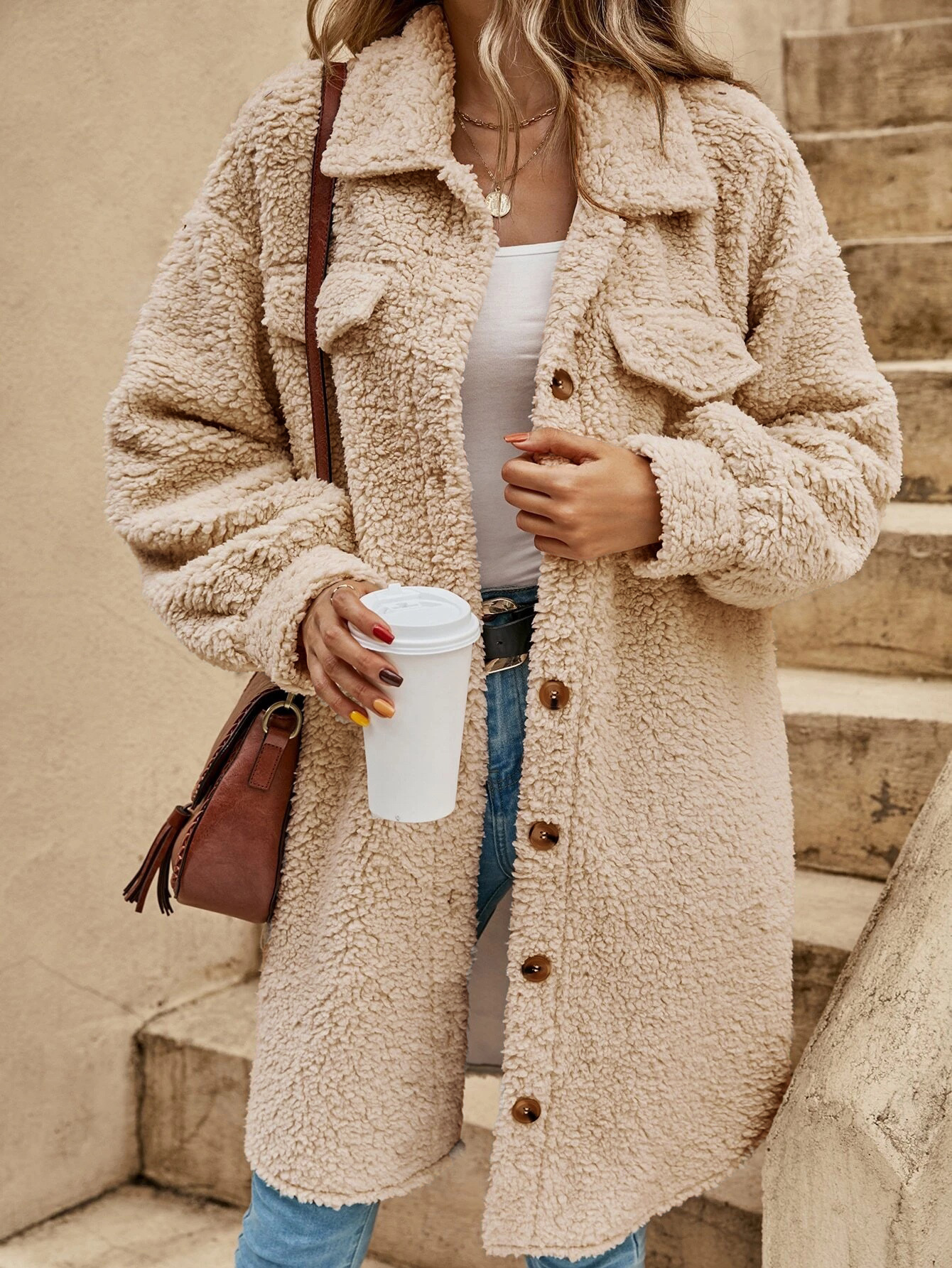 Street-Wave Teddy Sherpa Coat With Pockets For Women Cozy Warm Outerwear Timeless Chic
