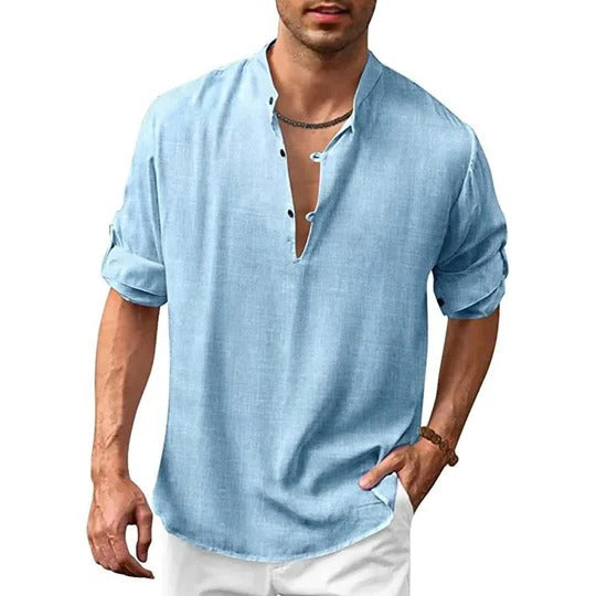 Street-Wave Mens Long Sleeve Collared Shirt Versatile Linen Look For Casual To Formal Wear Wardrobe Essential