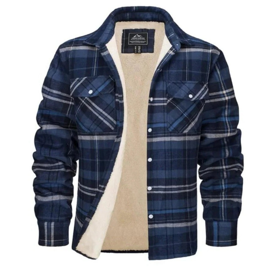 Street-Wave Men's Black and White Plaid Flannel Shirt with Fleece Lining Long Sleeve Button Front