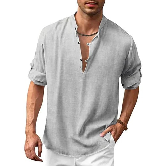 Street-Wave Mens Long Sleeve Collared Shirt Versatile Linen Look For Casual To Formal Wear Wardrobe Essential