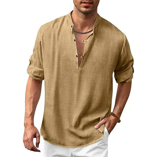 Street-Wave Mens Long Sleeve Collared Shirt Versatile Linen Look For Casual To Formal Wear Wardrobe Essential