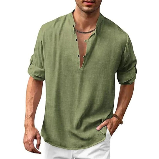 Street-Wave Mens Long Sleeve Collared Shirt Versatile Linen Look For Casual To Formal Wear Wardrobe Essential