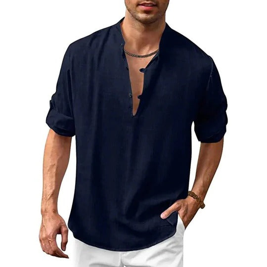 Street-Wave Mens Long Sleeve Collared Shirt Versatile Linen Look For Casual To Formal Wear Wardrobe Essential