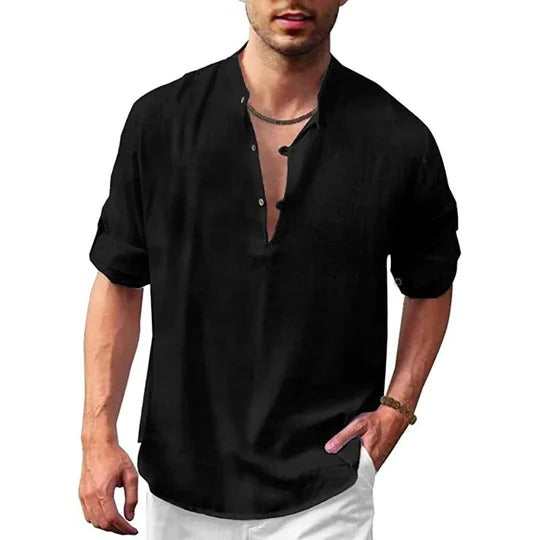 Street-Wave Mens Long Sleeve Collared Shirt Versatile Linen Look For Casual To Formal Wear Wardrobe Essential