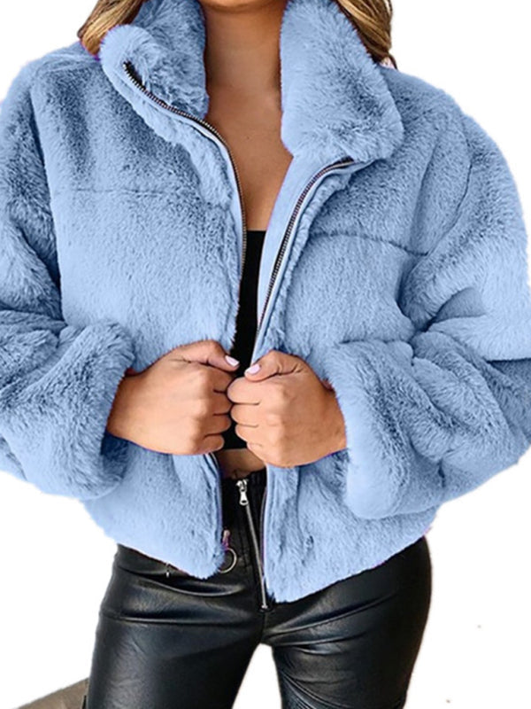 Street Wave Womens Plush Faux Fur Jacket Cozy Chic Outerwear For Elegant Casual Wear