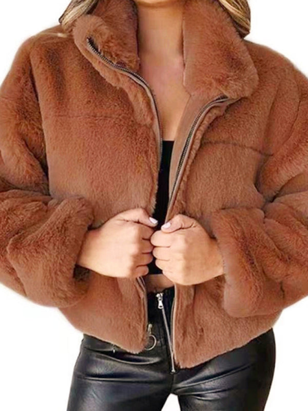 Street Wave Womens Plush Faux Fur Jacket Cozy Chic Outerwear For Elegant Casual Wear