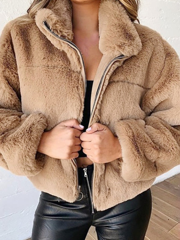 Street Wave Womens Plush Faux Fur Jacket Cozy Chic Outerwear For Elegant Casual Wear