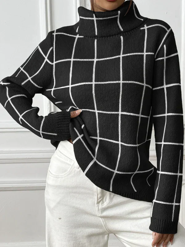 Street Wave Turtleneck Knit Sweater For Women Cozy Grid Check Pattern Fall Winter