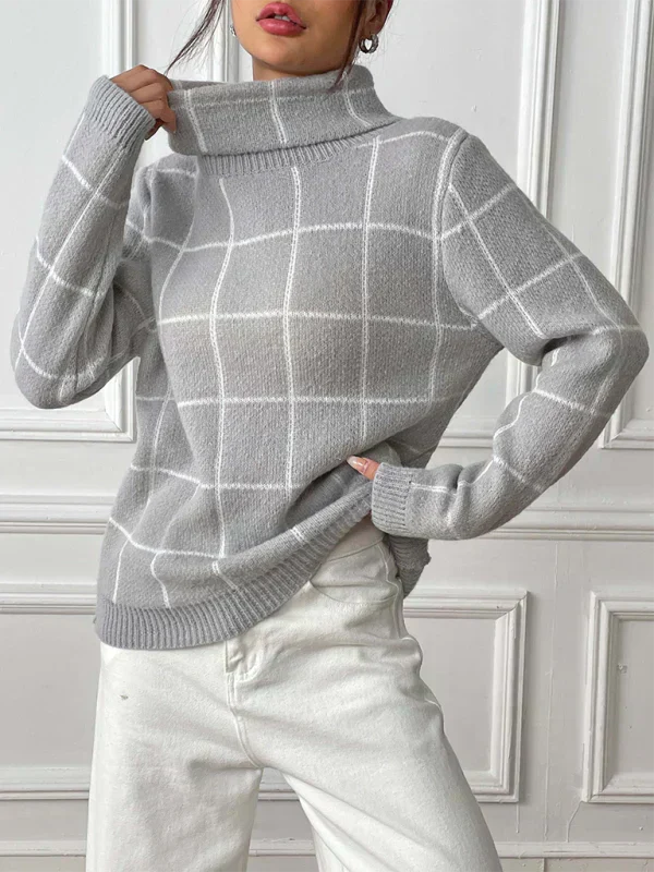 Street Wave Turtleneck Knit Sweater For Women Cozy Grid Check Pattern Fall Winter