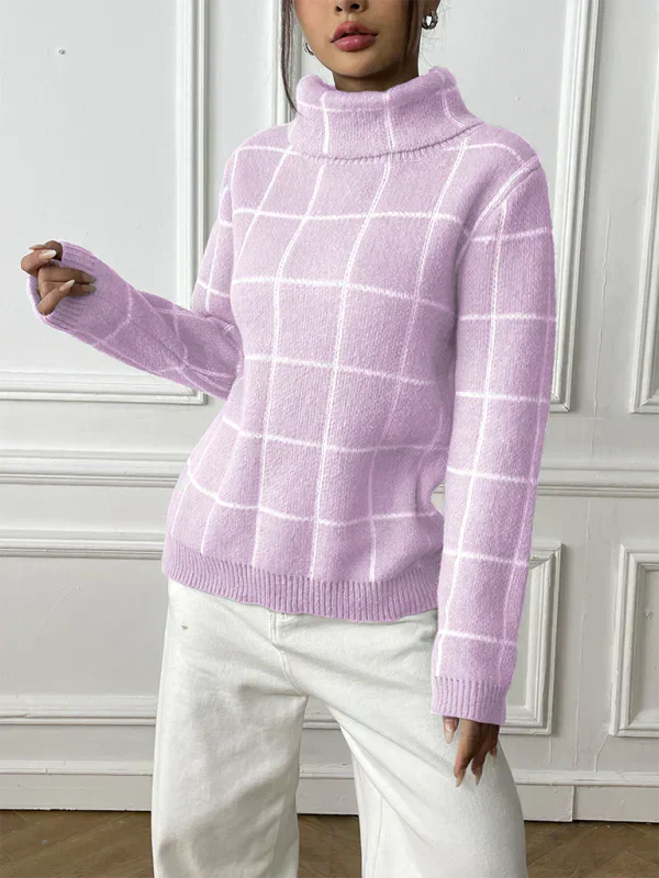 Street-wave Womens Turtleneck Sweater Beige Grid Knit Cozy Warm for Fall Winter Season