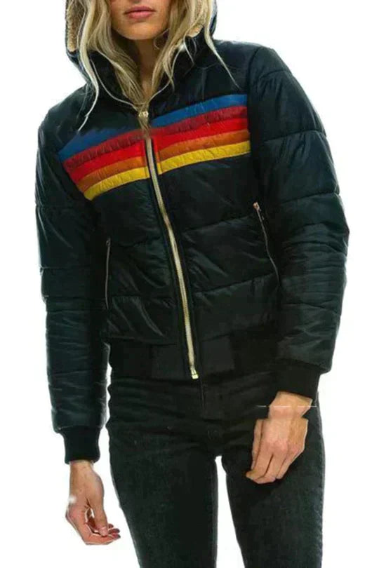 Street Wave Thermal Puffer Jacket Rainbow Stripe Warmth And Style For Urban Explorers