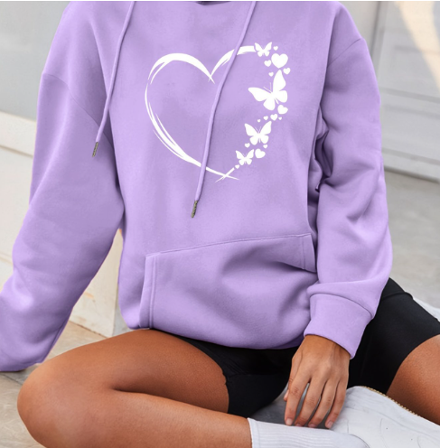 Street Wave Hoodie With Heart Print Cotton Comfort For Women Vibrant Everyday Wear