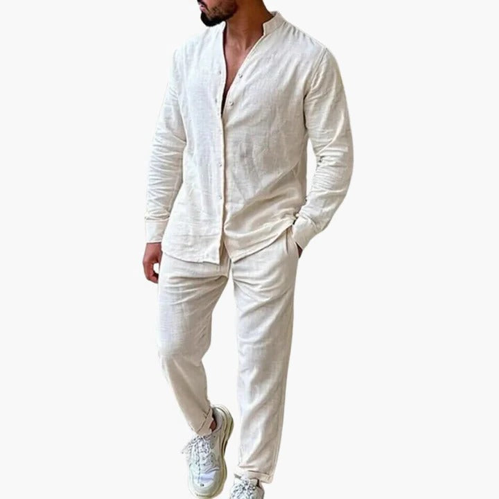 Mens Two Piece Summer Set With Stand Up Collar Shirt And Lightweight Trousers For Summer Comfort