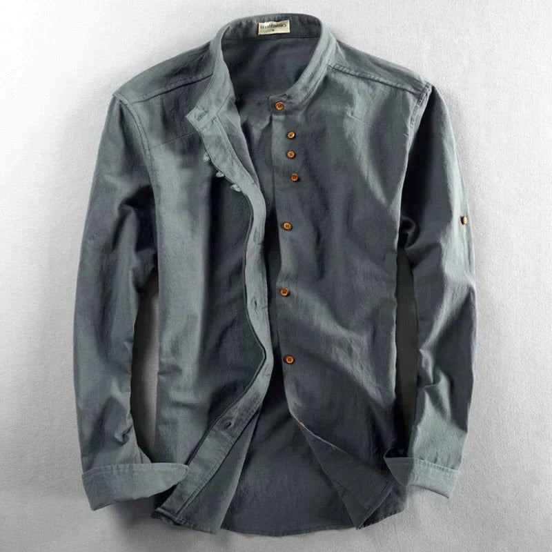 Street-Wave Japanese Style Collarless Shirt For Men Traditional Inspired Minimal Detailing With Structured Fit