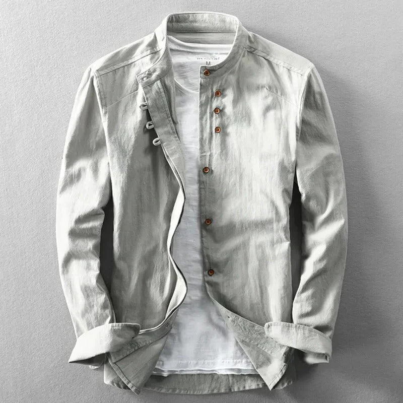 Street-Wave Japanese Style Collarless Shirt For Men Traditional Inspired Minimal Detailing With Structured Fit